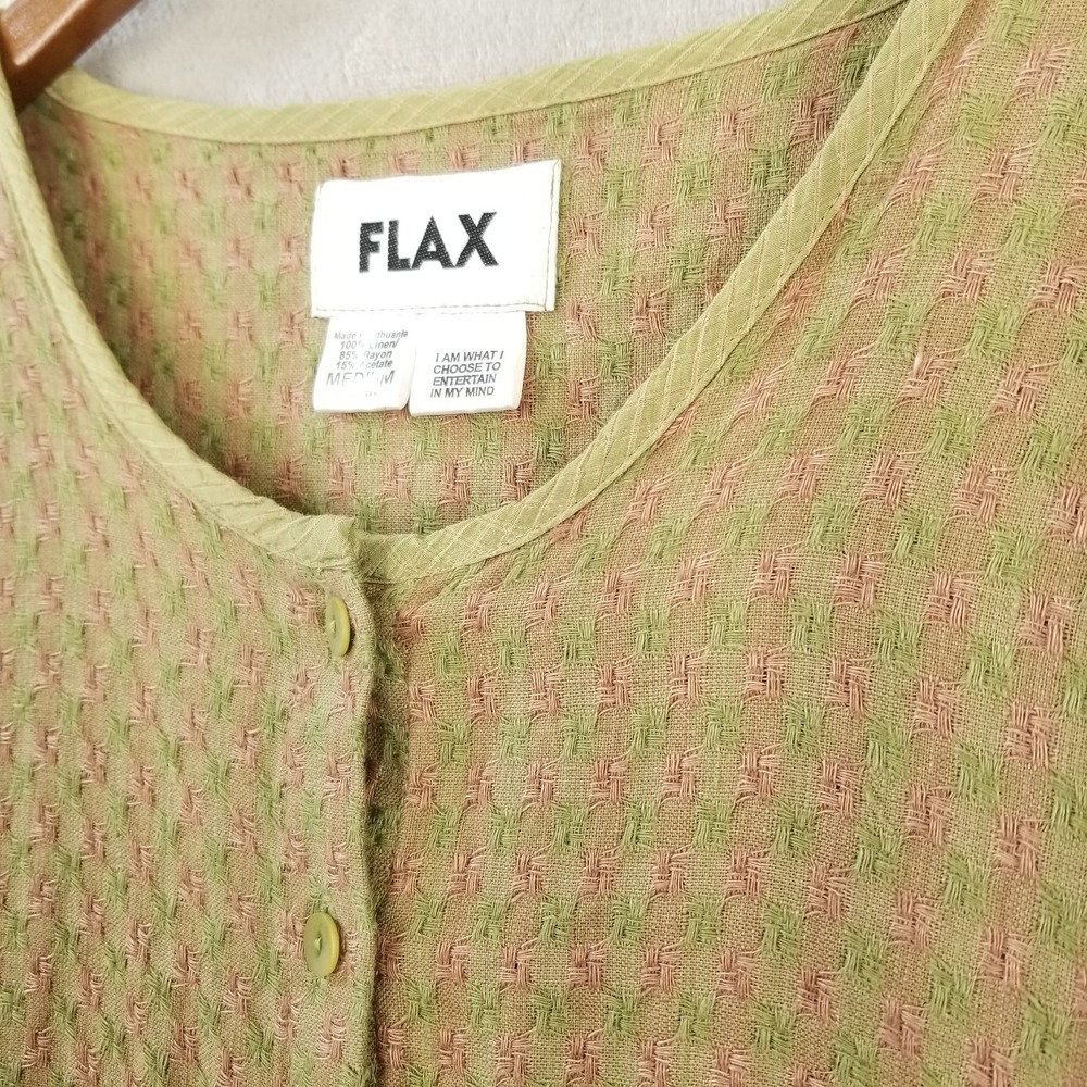 Flax Cardigan Women M Pink Green Check Linen Long Sleeve Pocket Jacket Topper - Picture 3 of 8